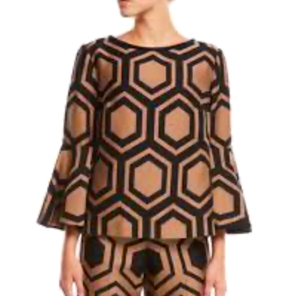 Trina Turk | Tops | Geometric Top in camel & black with trumpet sleeves | small